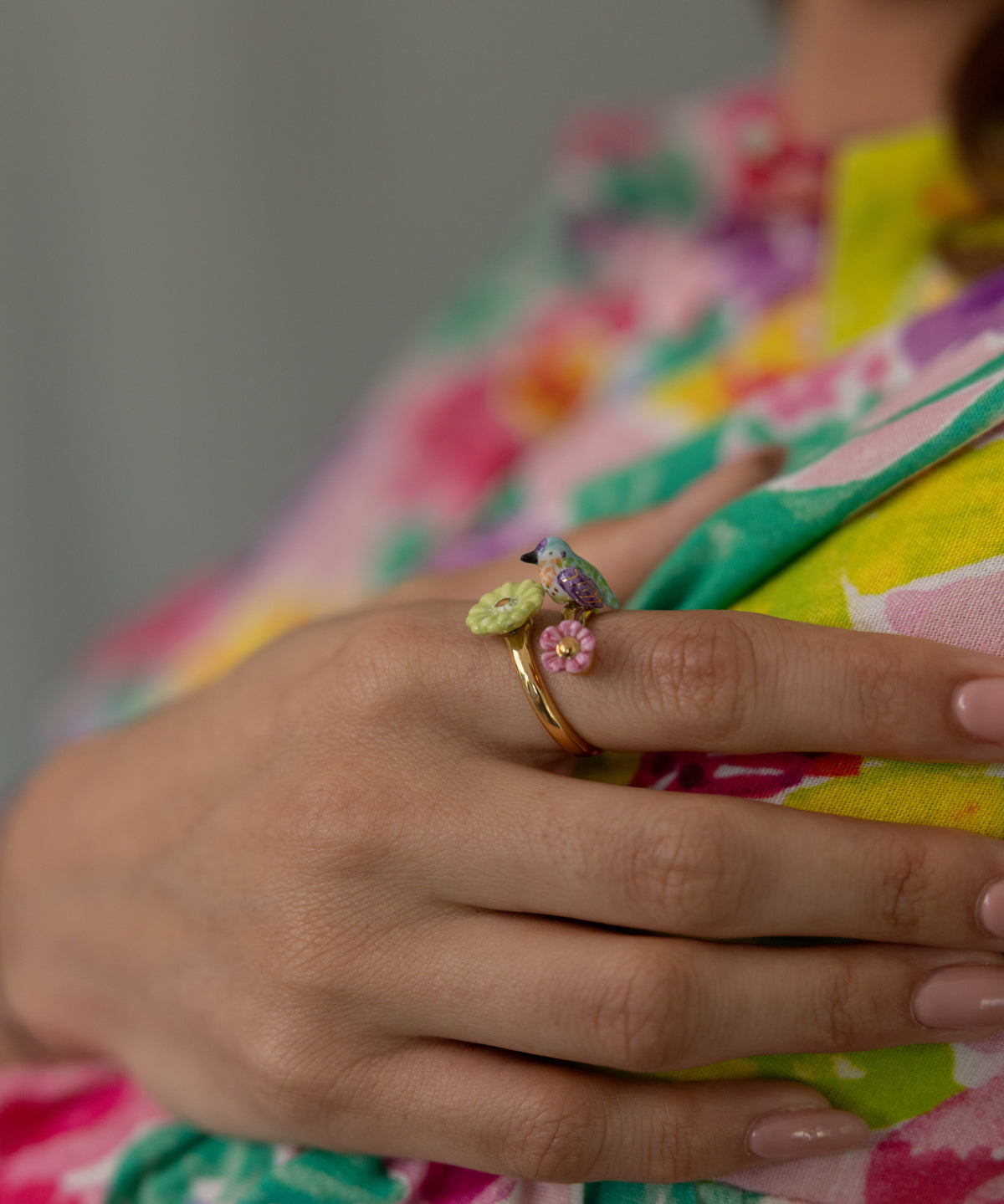 Anna's Hummingbird and Flower Adjustable Ring