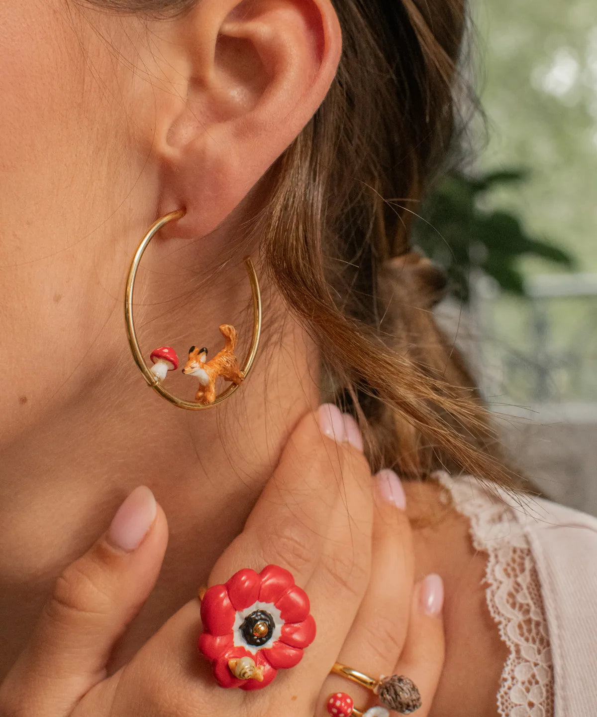 Fox and mushroom open hoop earrings