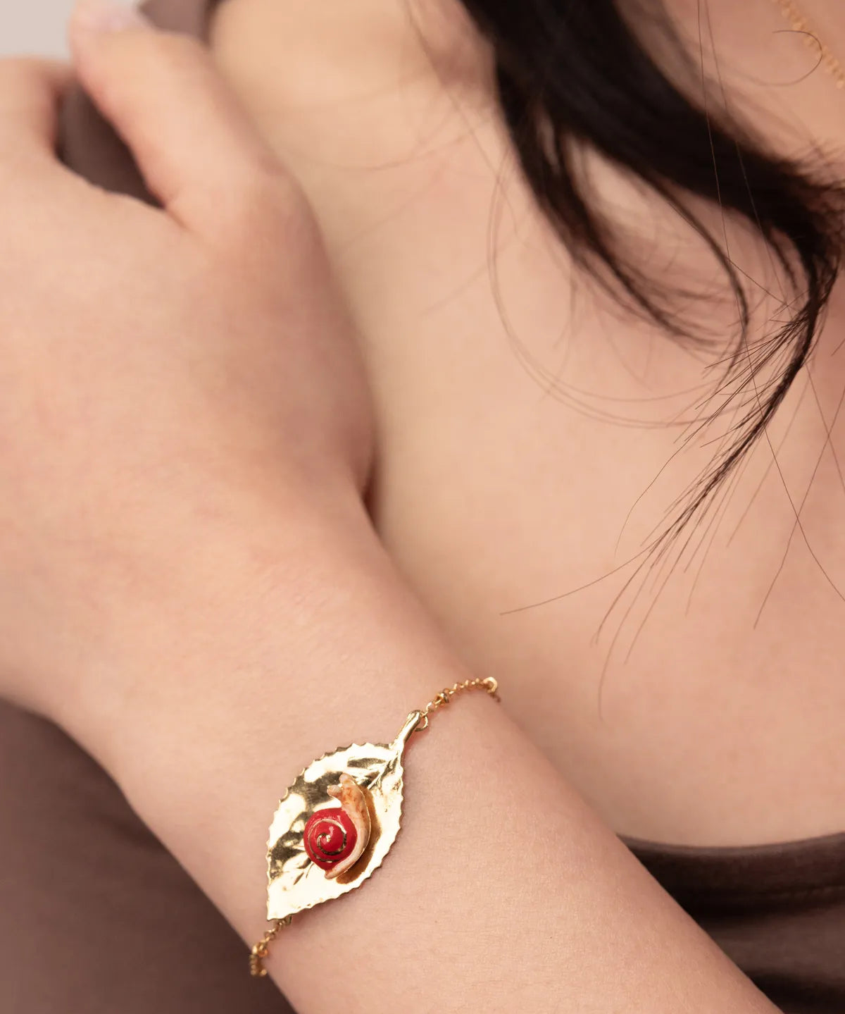 Snail on hazel leaf bracelet