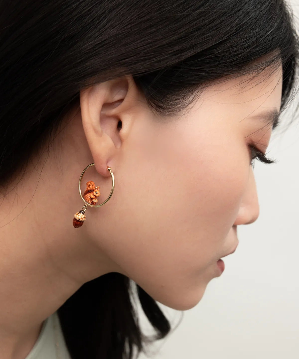 Squirrel and acorn hoop earrings