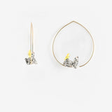 Small tabby cat and bird hoop earrings
