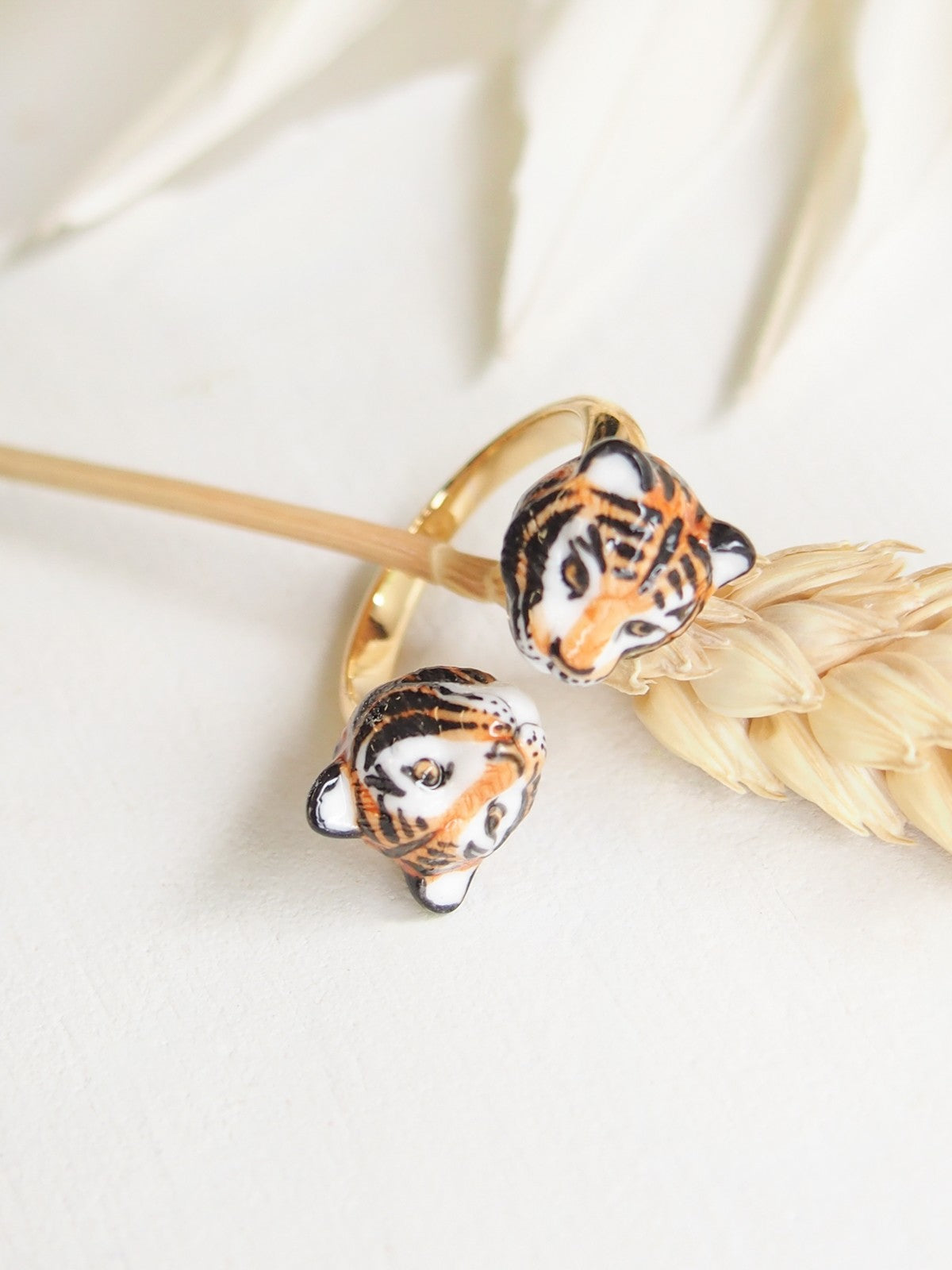 bague ajustable animal tigre en porcelaine peinte à la main