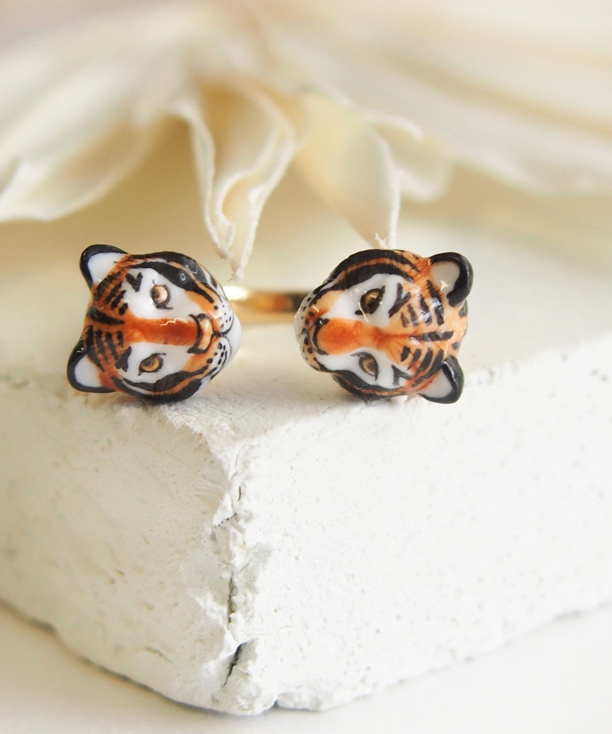 bague ajustable animal tigre en porcelaine peinte Ă  la main