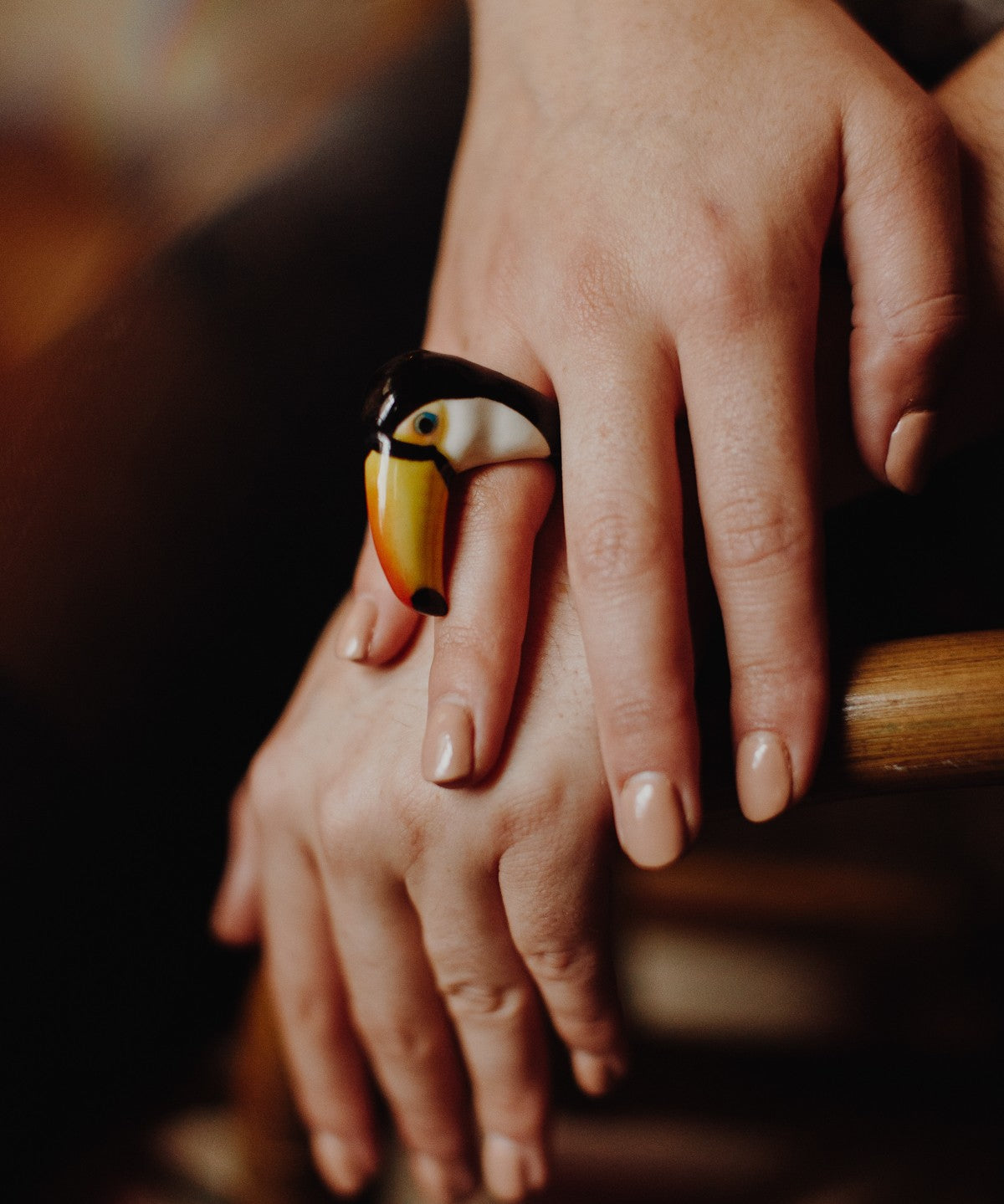 bague en porcelaine peinte Ă  la main animal toucan