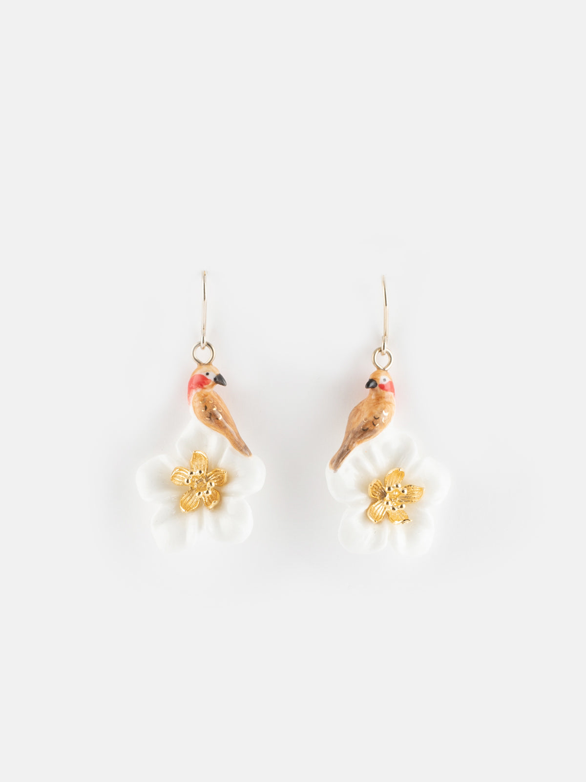 Boucles d'oreilles oiseau linotte sur fleur - Il était une fois