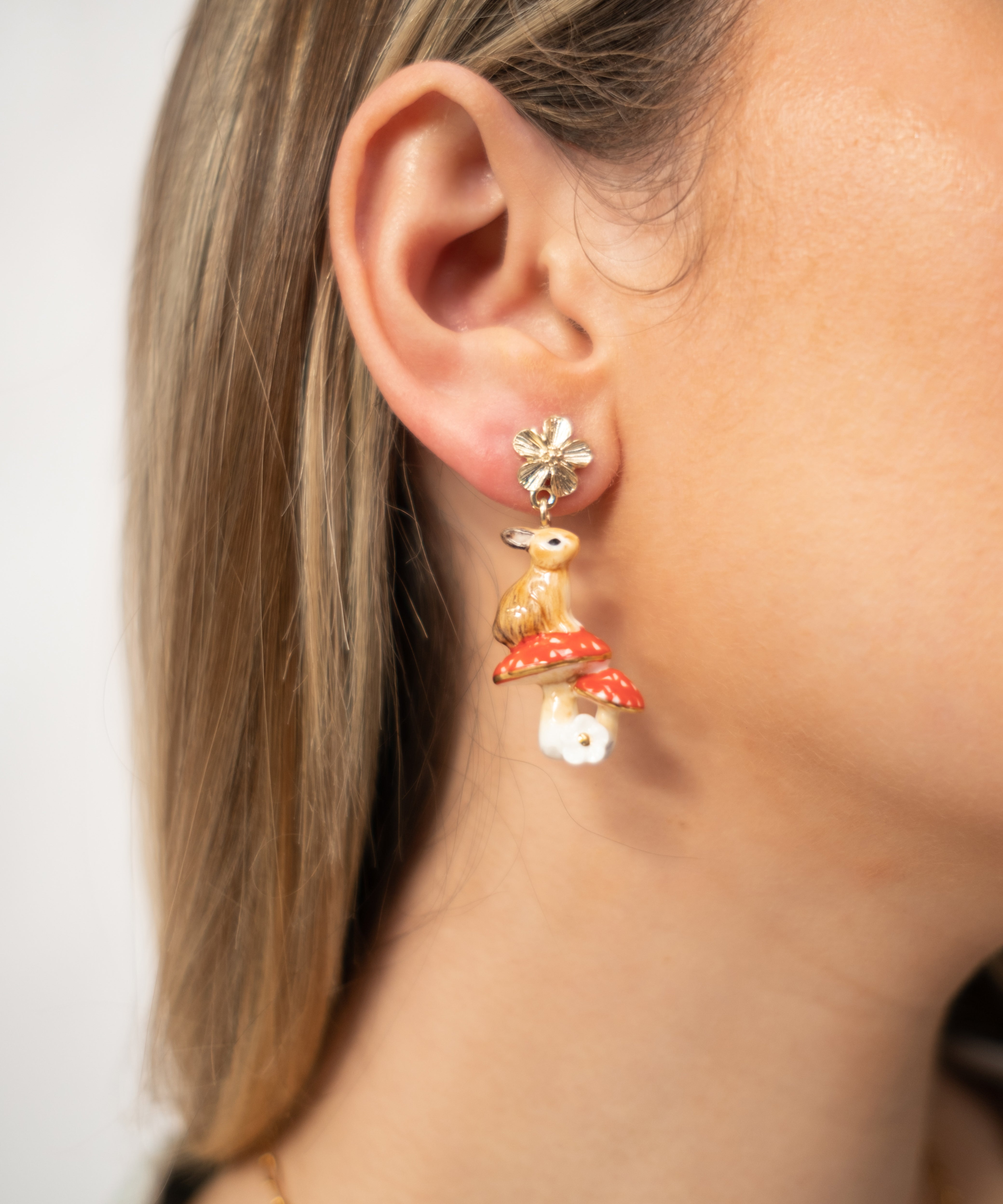 Boucles d'oreilles pendantes lapin et champignons - Il était une fois