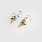 Boucles d'oreilles pendantes oiseau & feuille d'or