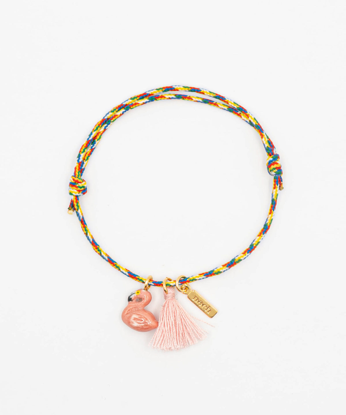 Bracelet charm's multicolore flamant rose avec pompon