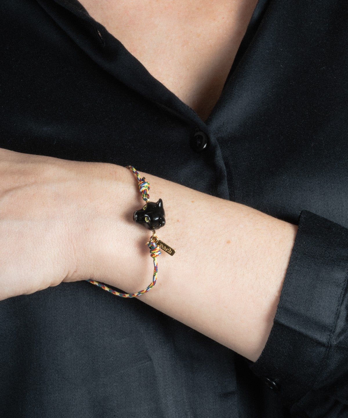 bracelet ajustable en porcelaine peinte Ă  la main et coton animal panthĂšre noire