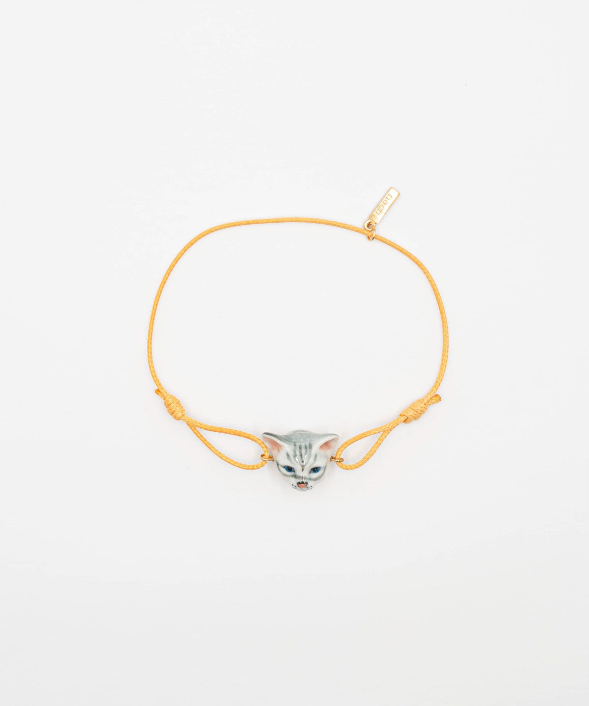 bracelet ajustable en porcelaine peinte Ă  la main et coton animal chat tabby gris