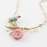 Collier oiseau et chardon rose
