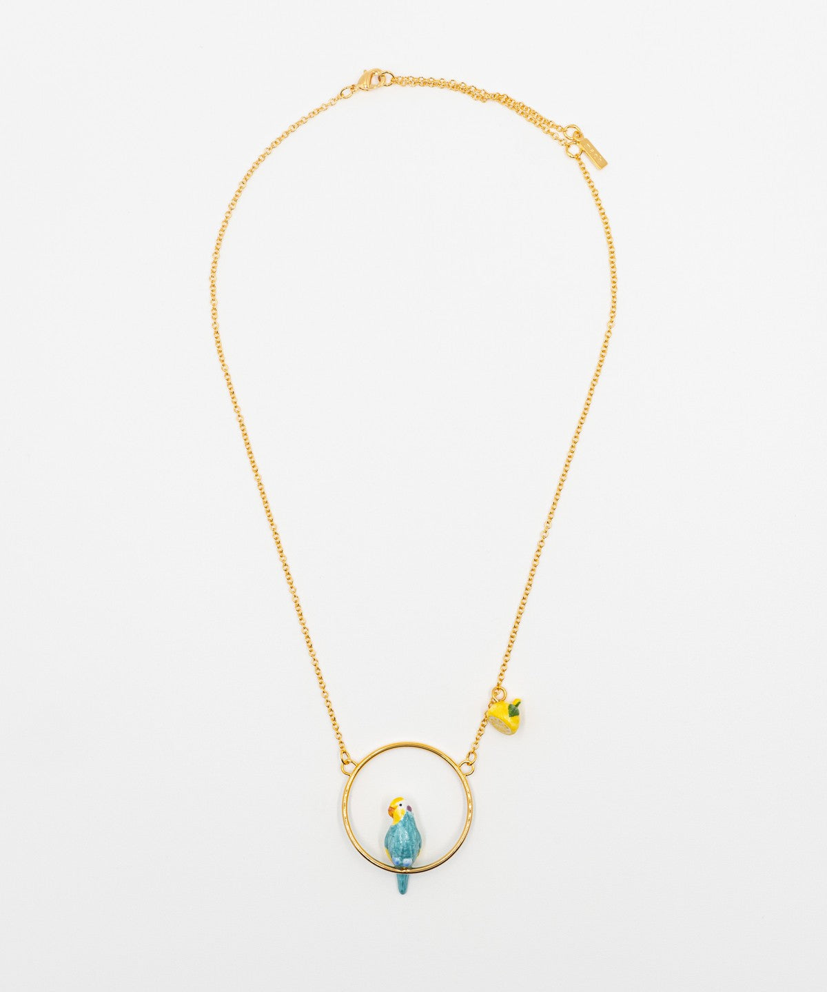 collier doré rond perruche bleue jaune oiseau citron porcelaine