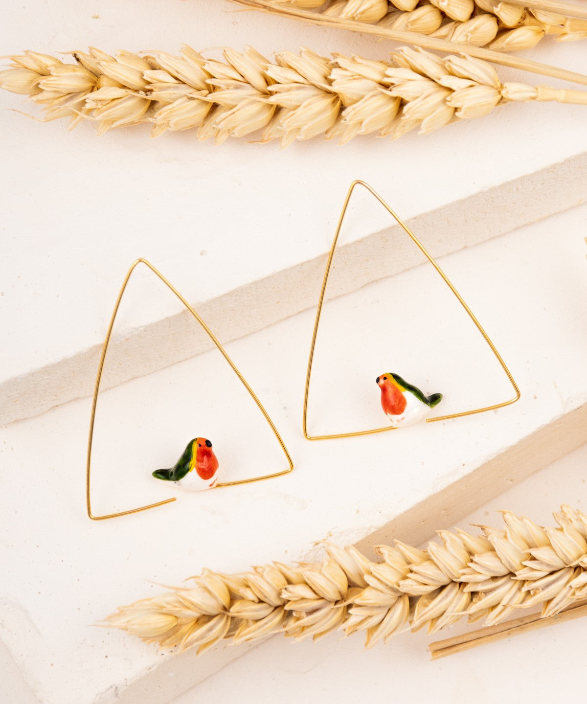 créoles triangles dorées rouge-gorge en porcelaine