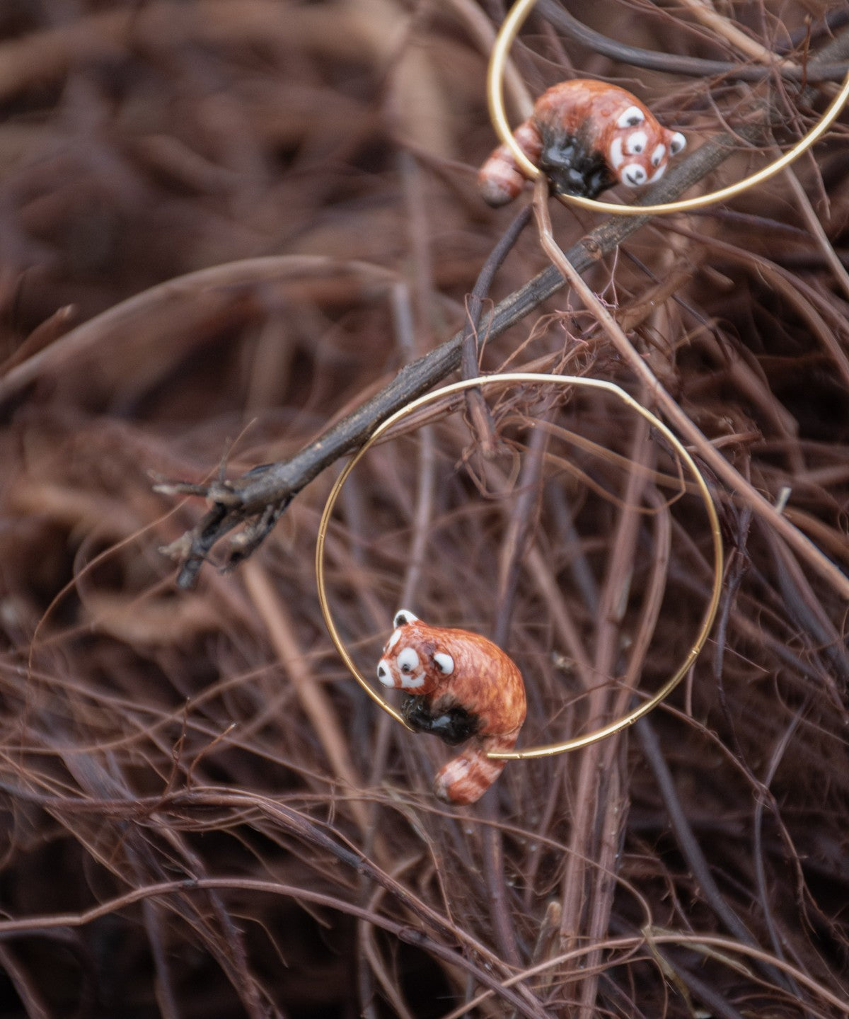 créoles panda roux en porcelaine fait main