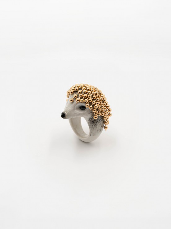 hand painted porcelain ring animal hedgehog with chains