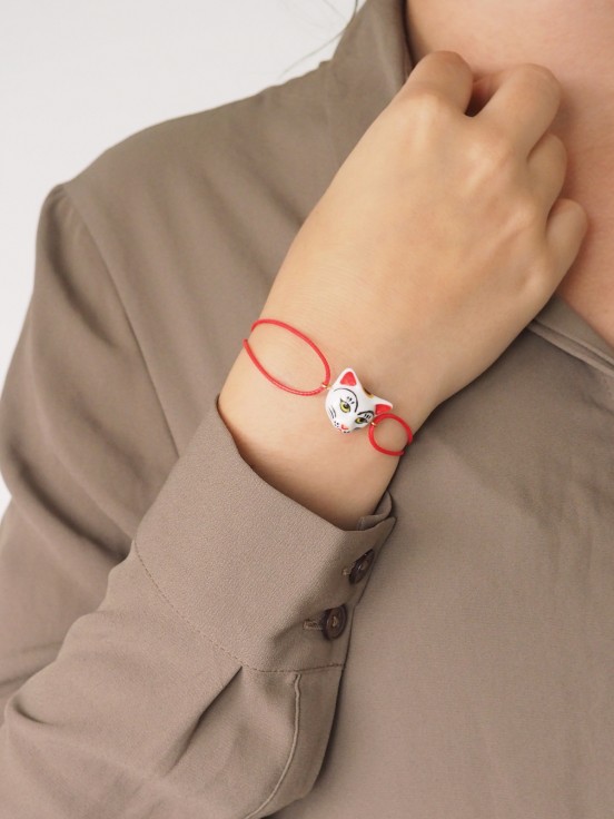 adjustable bracelet in hand painted porcelain and cotton animal lucky cat