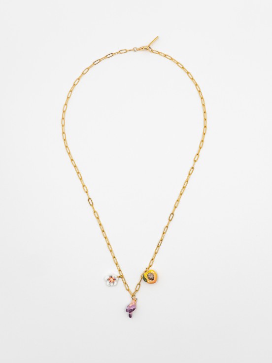 gold necklace peach parrot pink bird purple flower porcelain