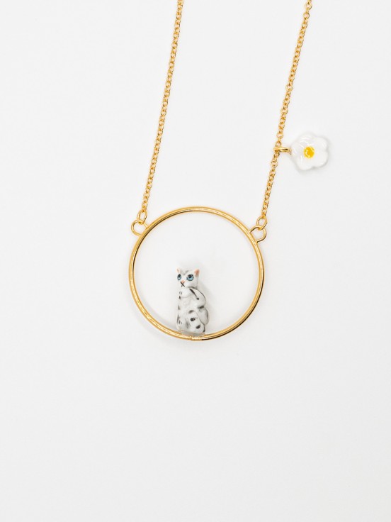gold necklace round cat gray flower porcelain