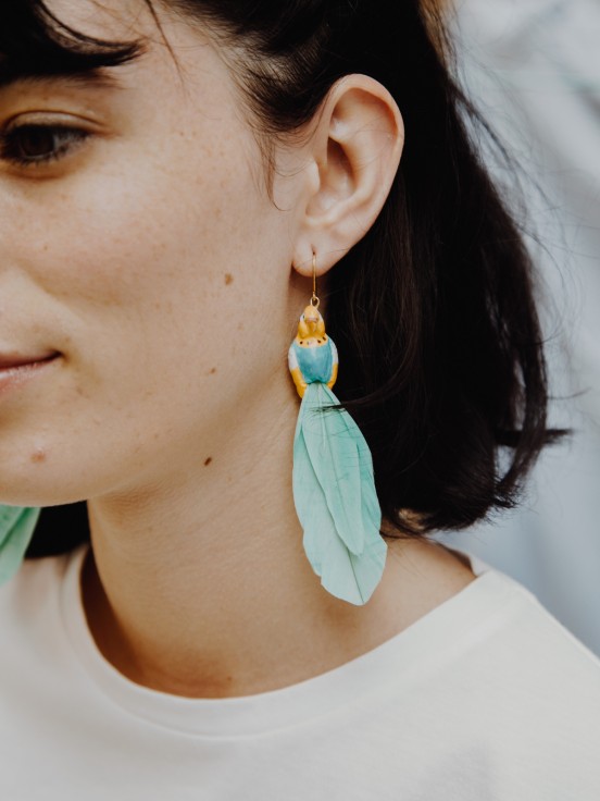 blue and yellow parrot feathers earrings