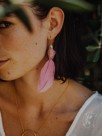 pink and blue parrot earrings with pink feathers
