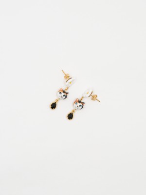 Boucles d'oreilles clip pendantes chat lune pompon jaune creole
