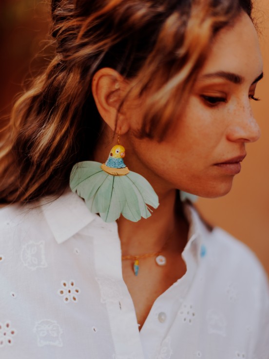 blue and yellow parrot feather earrings