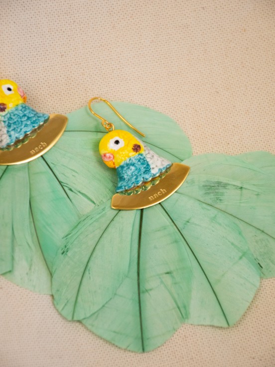 boucles d'oreilles pendantes perruche bleue et jaune perroquet plume bleues