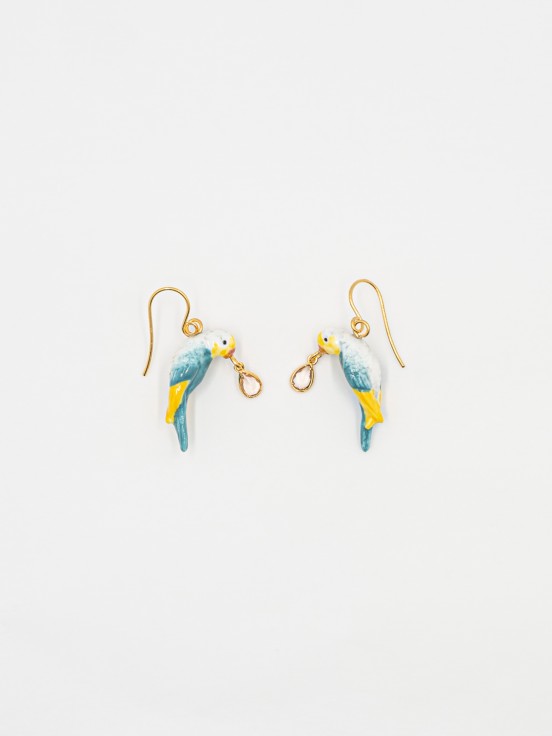 Boucles d'oreilles pendantes perruche bleue et jaune en porcelaine avec pampille