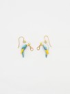 Boucles d'oreilles pendantes perruche bleue et jaune en porcelaine avec pampille