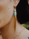 boucles d'oreilles pendantes dorées franges perruche bleue et jaune en porcelaine