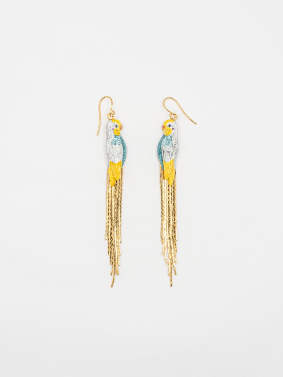 boucles d'oreilles pendantes dorées franges perruche bleue et jaune en porcelaine
