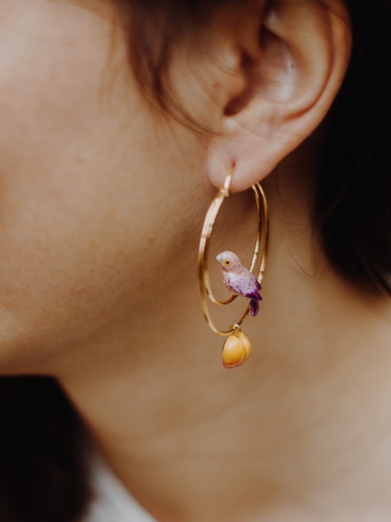 Peach flower bird hoop earrings