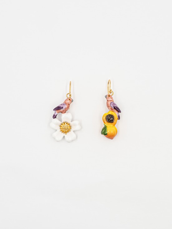 Parrot, peach and flower earrings