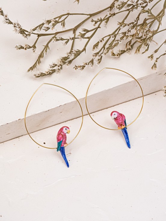 nach pink parrot bird hoop earrings