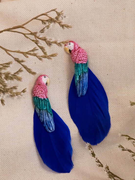 Feather pink parrot bird earrings