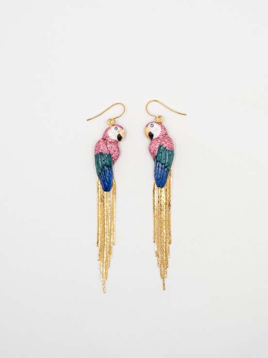 Pink parrot with gold fringe earrings