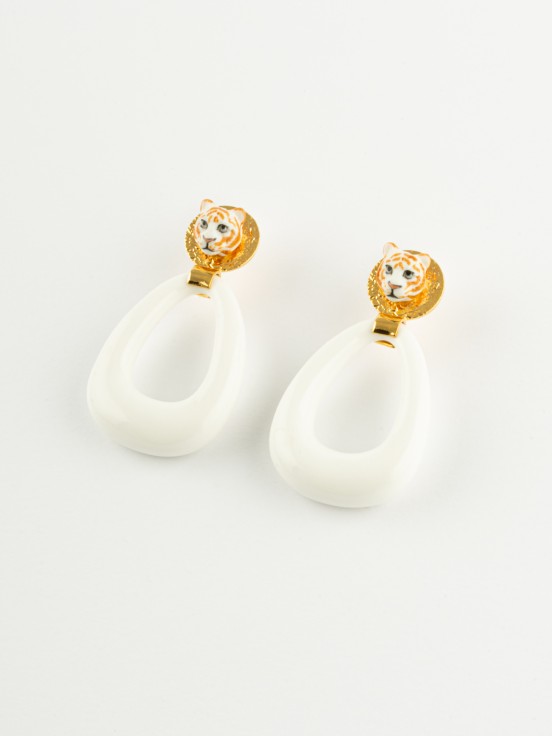 White porcelain drop earrings handmade animal tiger