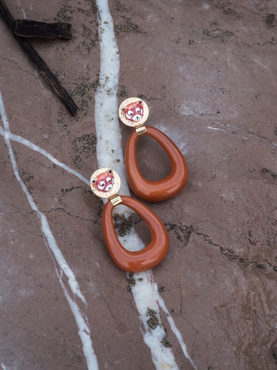 Earrings drop oval porcelain terracotta handmade red panda animal