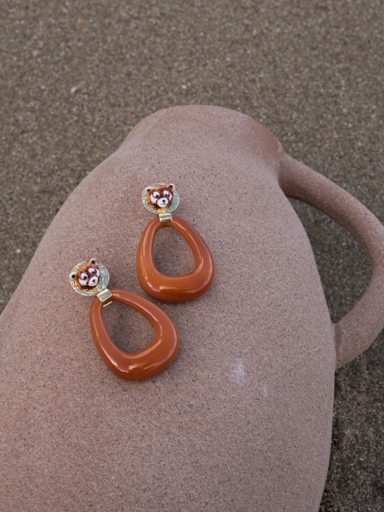 Boucle d'oreilles goutte ovale porcelaine terracotta fait main panda roux animal