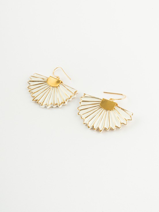 Handmade golden white porcelain fan earrings
