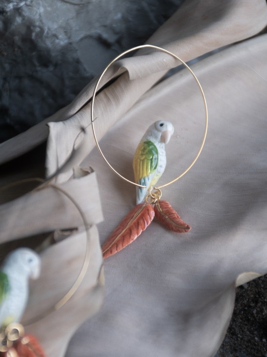 Hoops with handmade porcelain parrot
