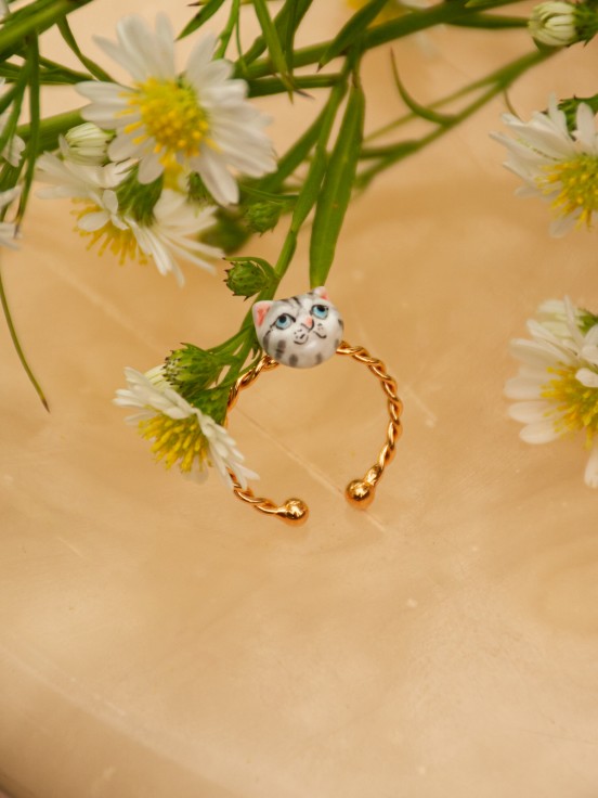 adjustable gold ring cat tabby grey