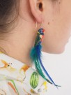 blue green and red parrot earrings with feathers