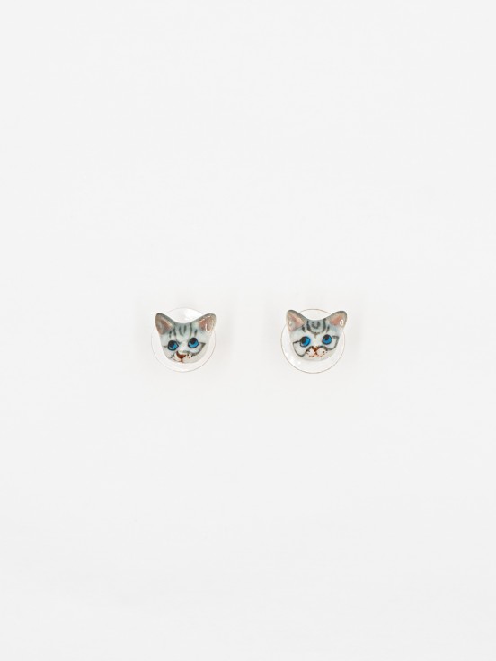 boucles d'oreilles puces chat gris tabby porcelaine