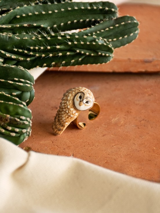 hand painted porcelain bird owl ring