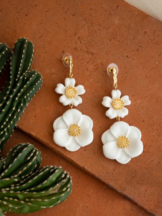Hand painted porcelain white flower earrings