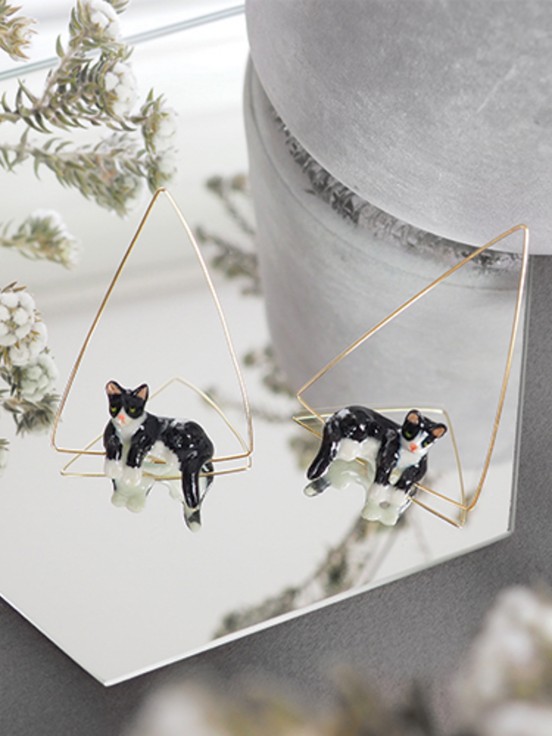 jewel earrings black and white cat triangle in hand painted porcelain