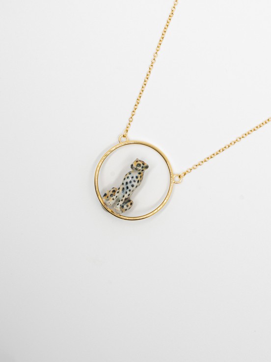 bijou collier rond animal léopard en porcelaine peinte à la main