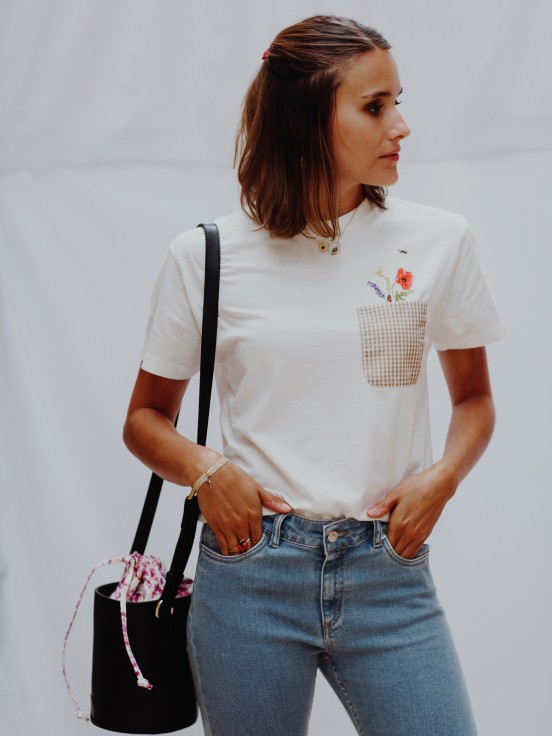 T-shirt poche vichy bouquet de fleurs en coton bio Nach