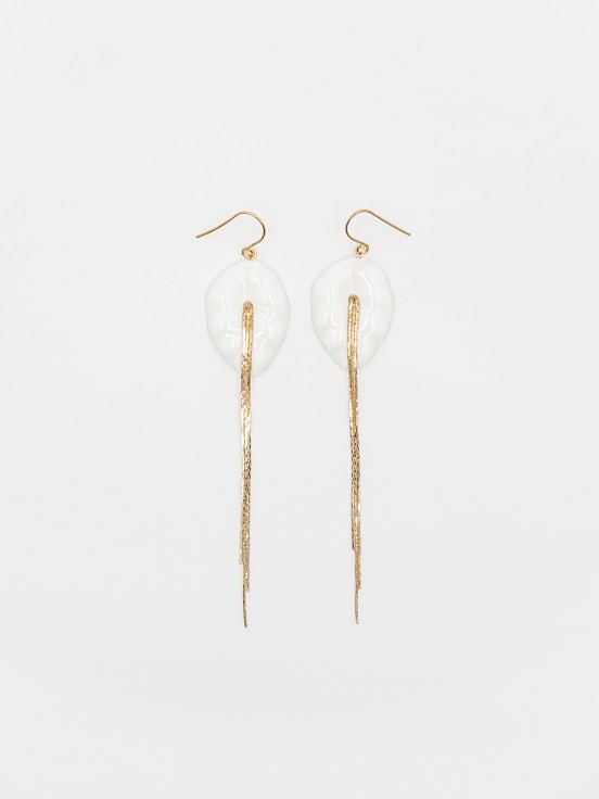 jewel earrings with golden fringes and white leaf made of hand painted porcelain